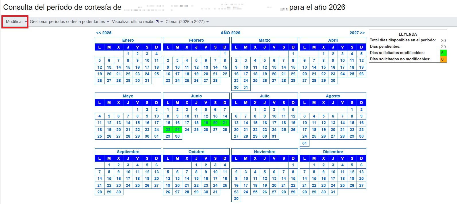 Modificar d&iacute;as de cortes&iacute;a