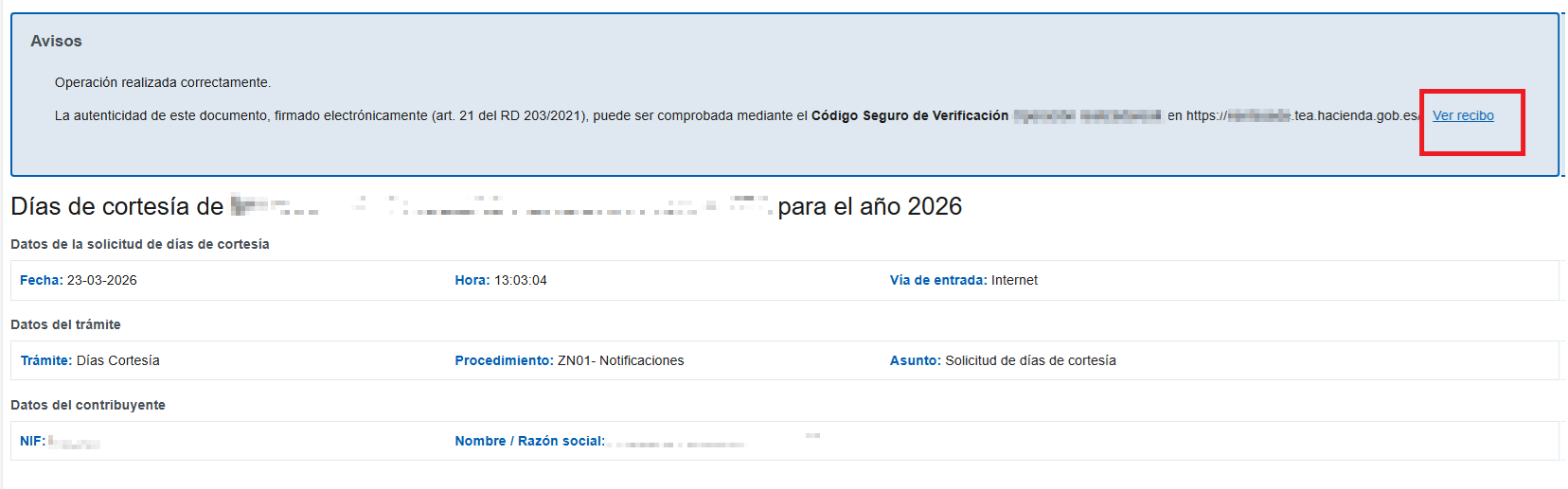 Consultar el recibo de presentaci&oacute;n