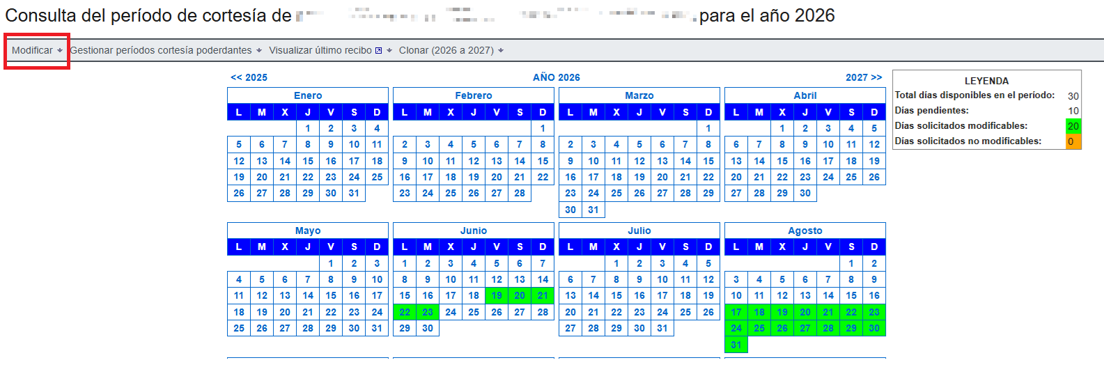 Modificar los d&iacute;as de cortes&iacute;a del apoderado