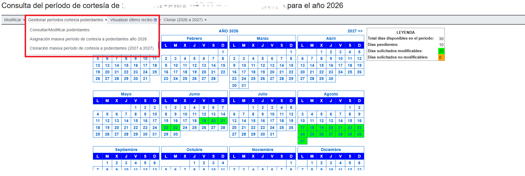 Gesti&oacute;n de d&iacute;as de cortes&iacute;a de poderdantes