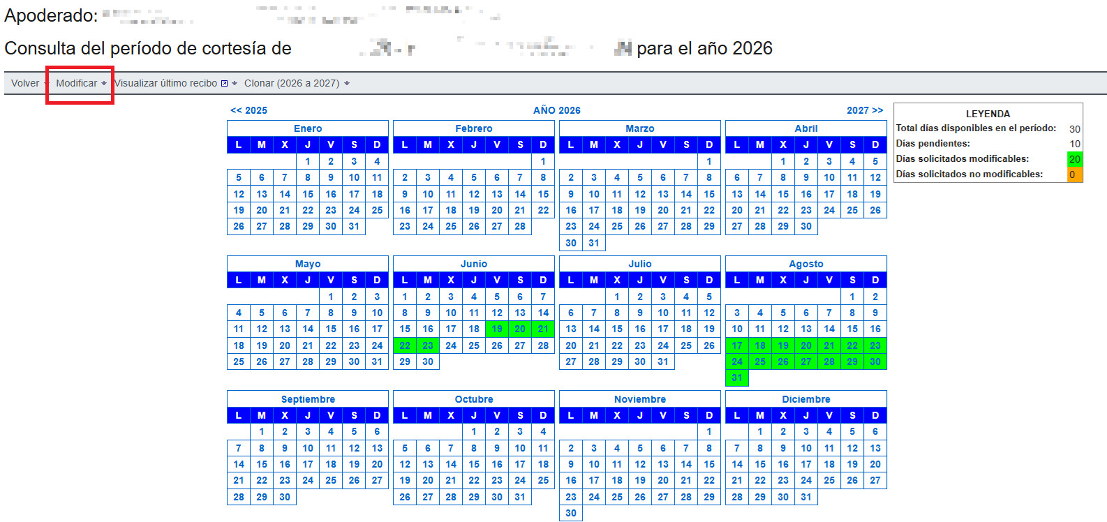 Consultar o modificar dias de cortes&iacute;a de poderdantes