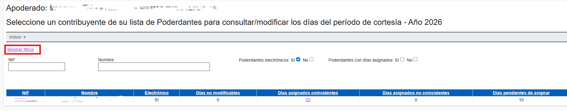 Filtrar/Consultar el listado con los poderdantes